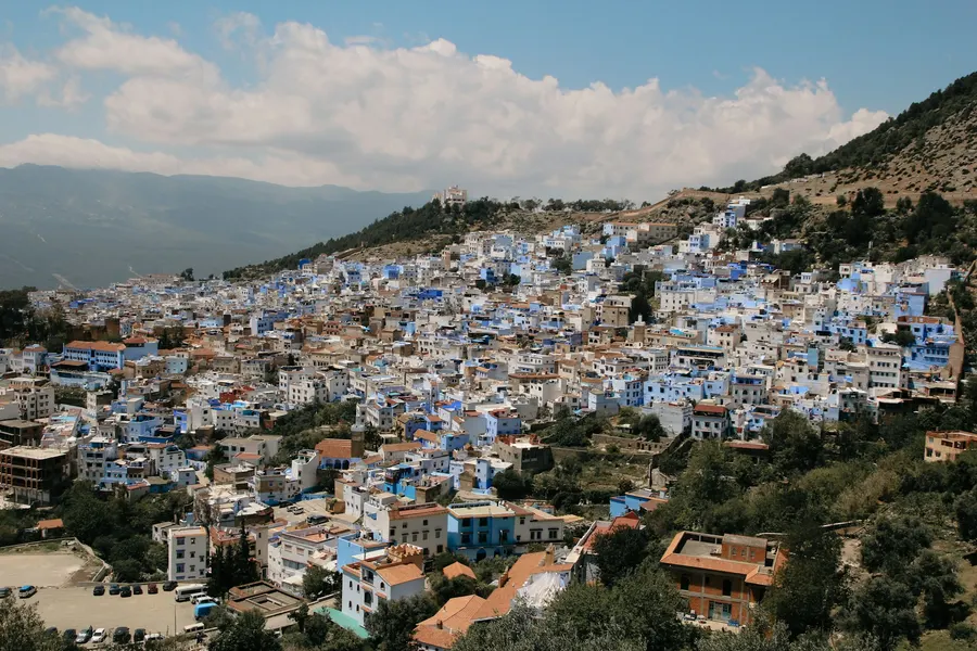 Hillside vista of blue-painted houses in the Chefchaouen medina