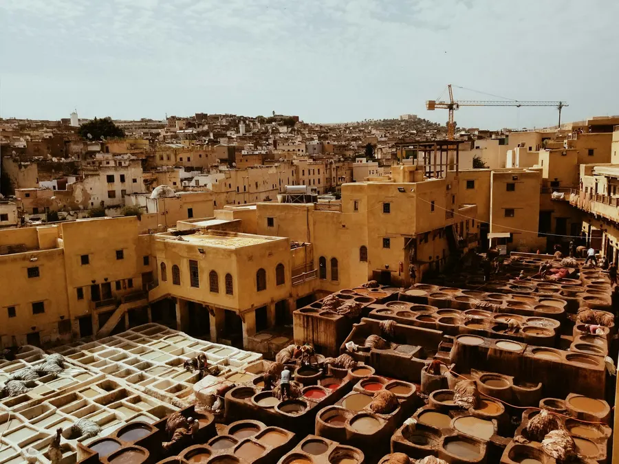 Elevated view of Chouara Tannery stone dye vats in Fes el-Bali