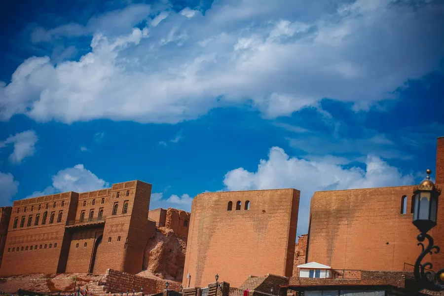 Earthen ramparts and bastion towers of Taourirt Kasbah in Ouarzazate