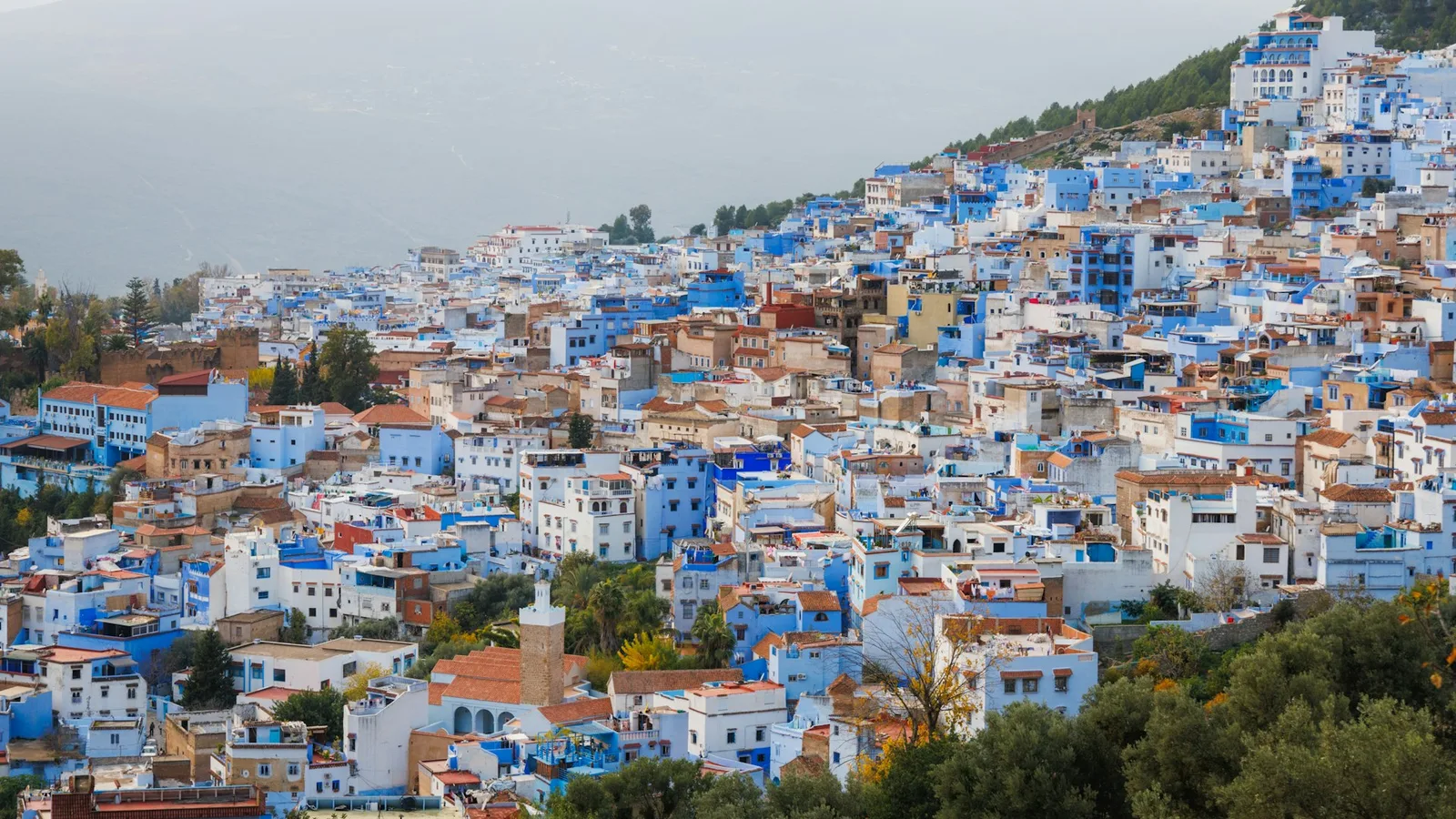 Panoramic view of the blue mountain city of Chefchaouen