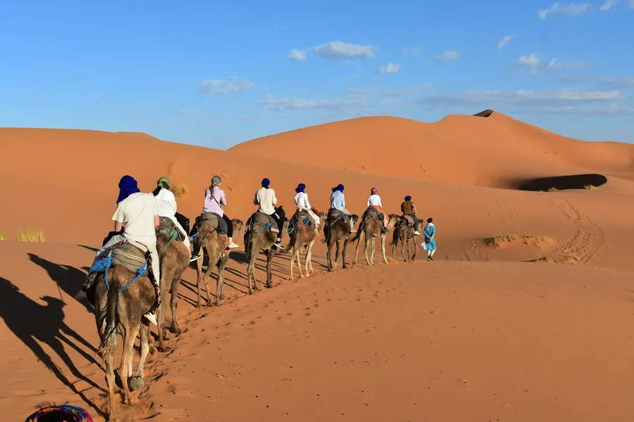 Travelers in blue turbans on a camel excursion over Erg Chebbi dunes