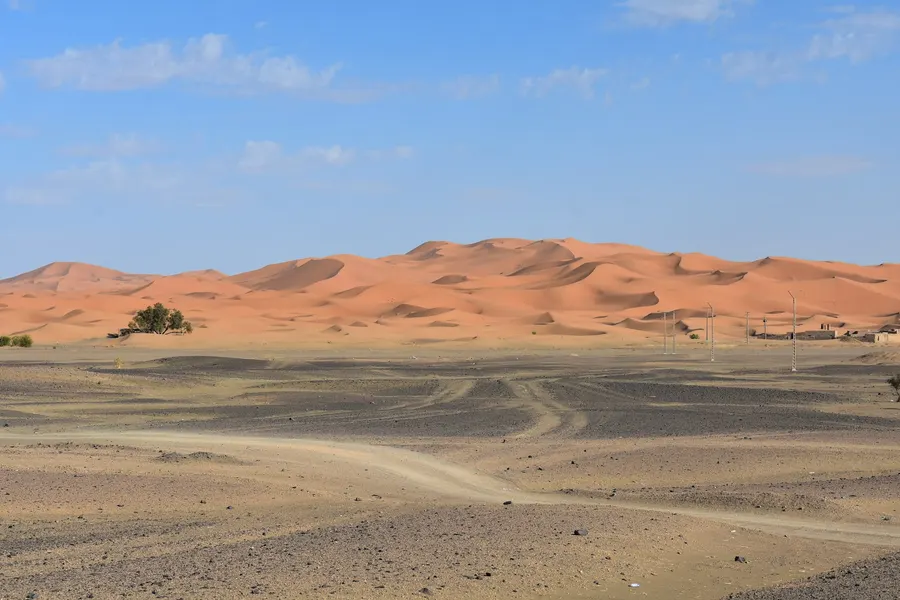 Orange dunes of Erg Chebbi rising beyond the rocky hamada plain