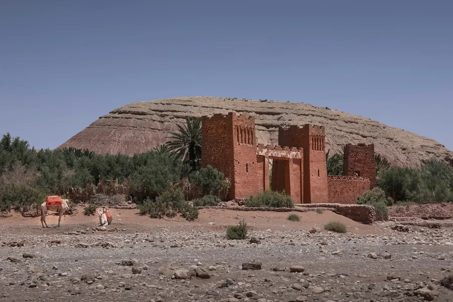 Fortified clay gate of Ait Ben Haddou with resting camels in the riverbed