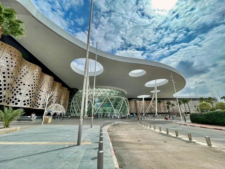Modern curved architecture of Marrakech Menara Airport terminal
