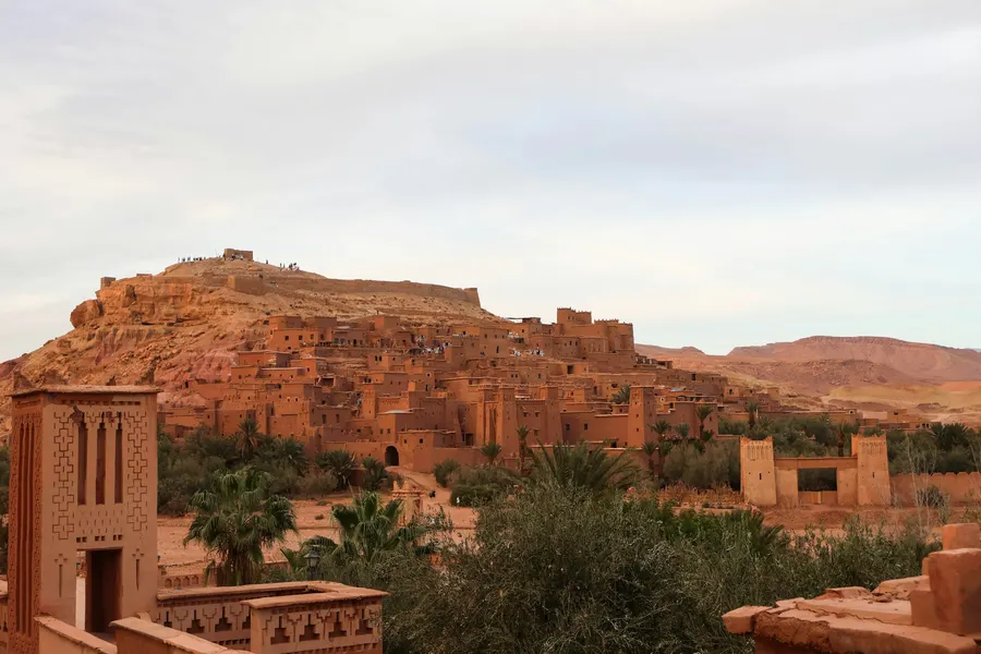 Ait Ben Haddou ksar viewed across the river valley in evening light
