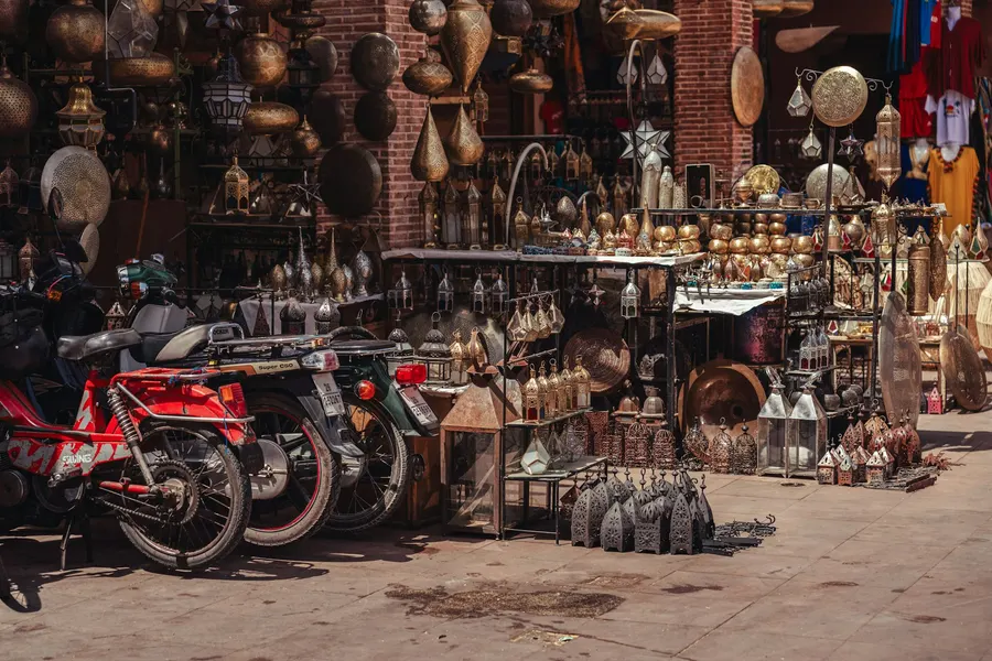 Pierced brass lamps and metalcrafts displayed in Marrakech medina