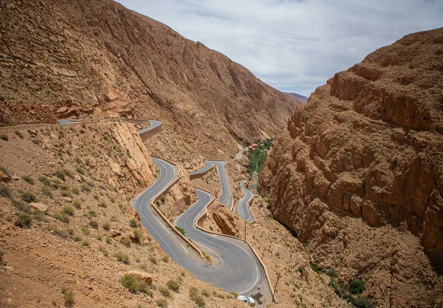 Winding Dades Gorge mountain road with scenic canyon hairpin turns